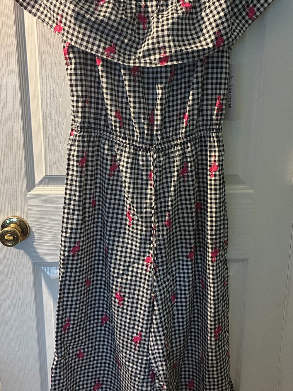 Off-Shoulder Black & White Gingham Jumpsuit w/ pink flamingo embroidered Accents